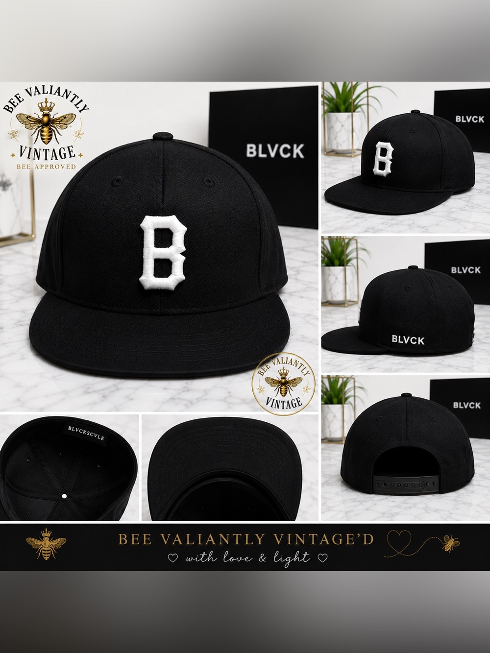 BLVCKSCVLE Black Snapback Hat White Embroidered B Logo Adjustable Cap